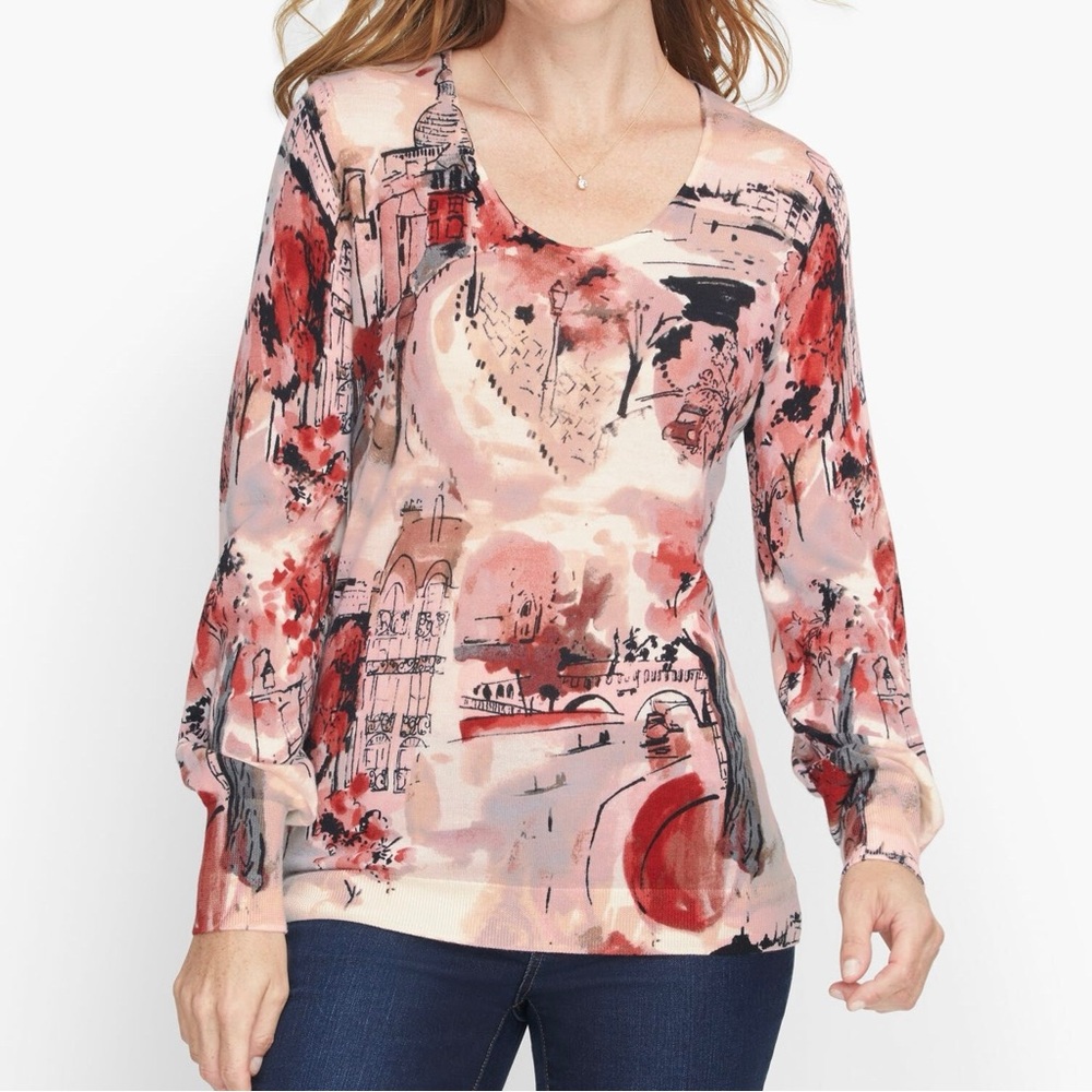 Talbots Women’s Pure Marino Wool Scoop Next Sweater in Hello Paris City Scape